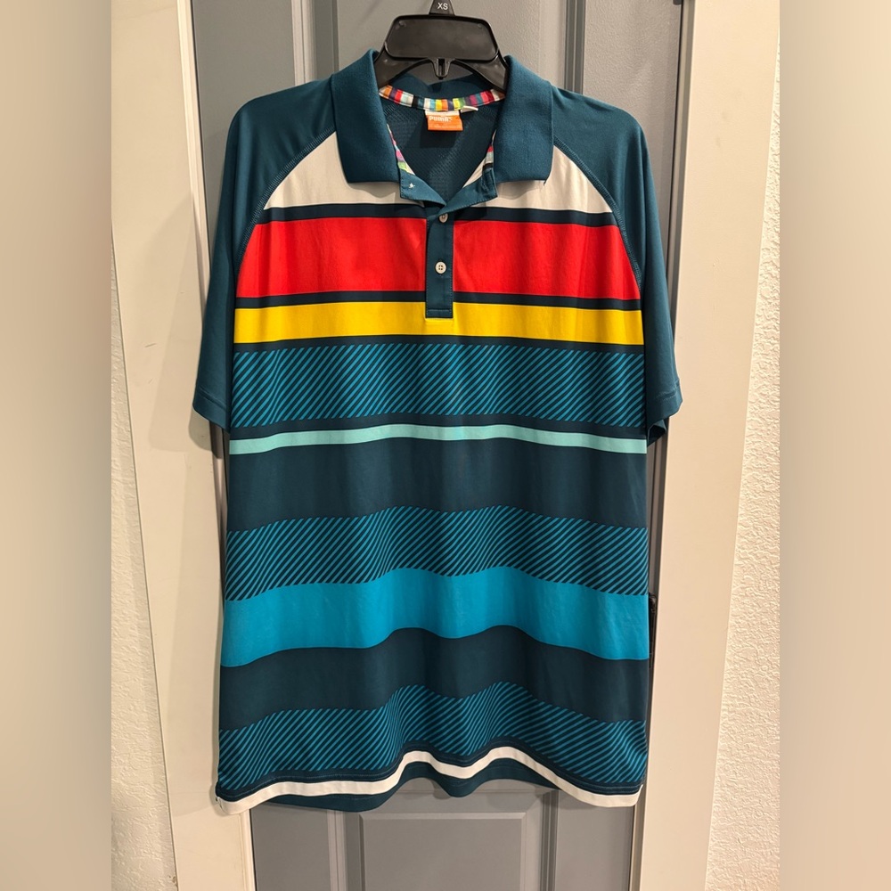 Puma Men’s XL Red/Blue/White/Yellow Striped Partial Button Down Golf Polo Shirt